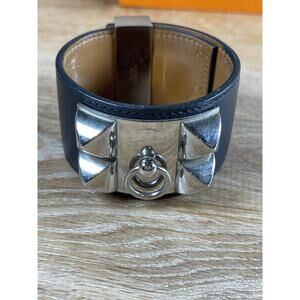 Authenticated Hermès Collier de Chien bracelet Black W Silver Tone